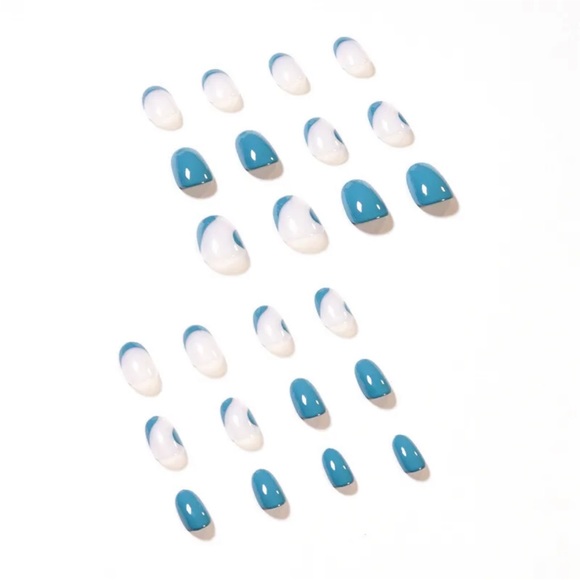 Long Full Cover Artificial Nail Tips Oval Blue Fake Nails With Design French - Picture 5 of 10